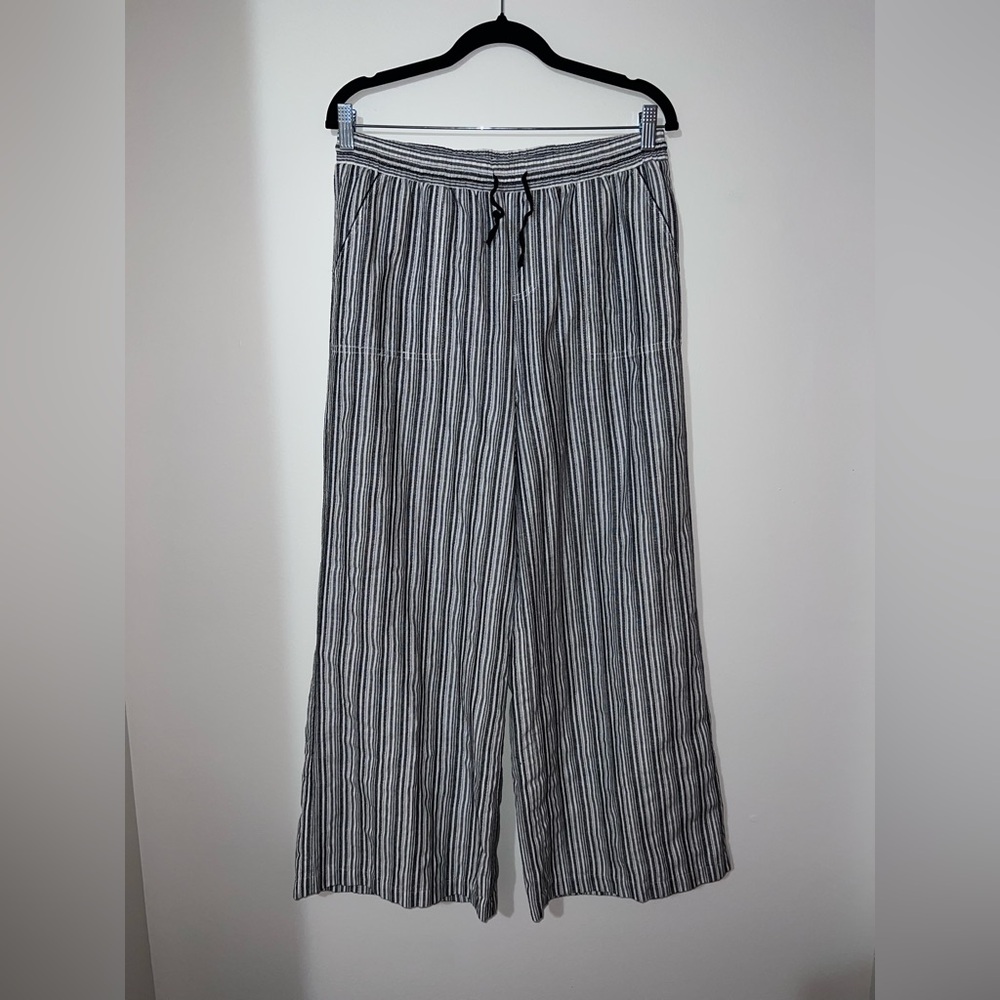 Cotton Bleu Striped Wide Leg Pants Large Black White Coastal Linen Look